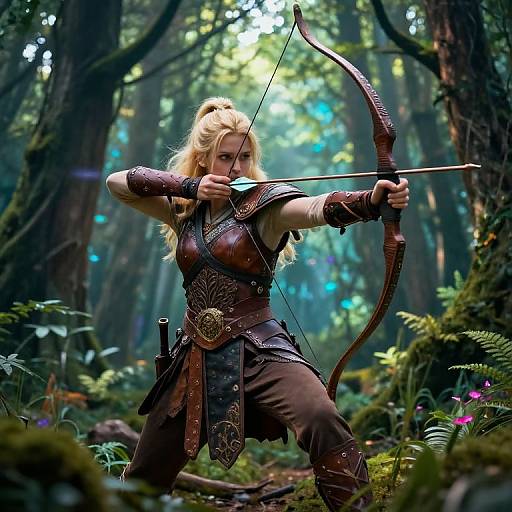 Blonde archer woman with leather armor and brown pants draws a bow in a lush, sunlit forest. Digital fantasy art.