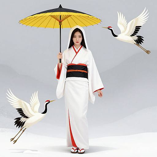 Serene Woman in Kimono with Cranes