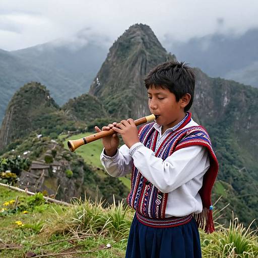 Young boy with black hair playing wooden flute in traditional Andean attire, set against a lush, mountainous background. Photograph.