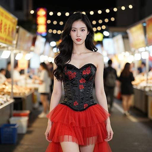 Photograph of an Asian woman with long black hair, wearing a black corset with red flowers and a red tulle skirt, walking down a brightly