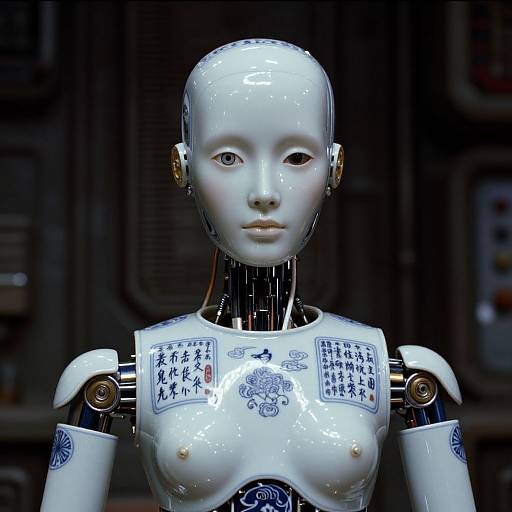 Photorealistic CGI of a white, androgynous, robotic human with Asian calligraphy tattoos on chest, silver and gold accents, and a