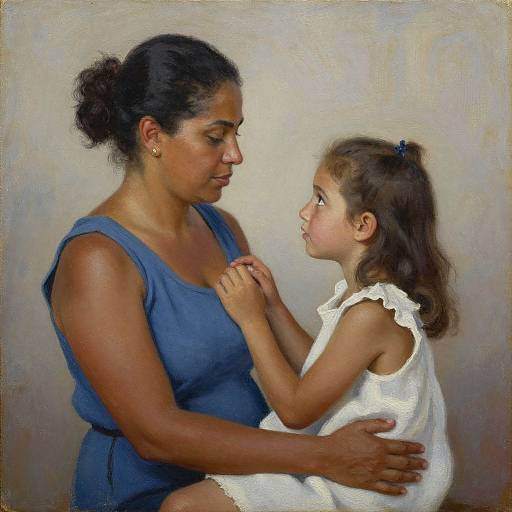 Photorealistic painting of a South Asian woman in a blue sleeveless top, holding a young girl in a white dress, gazing lovingly at