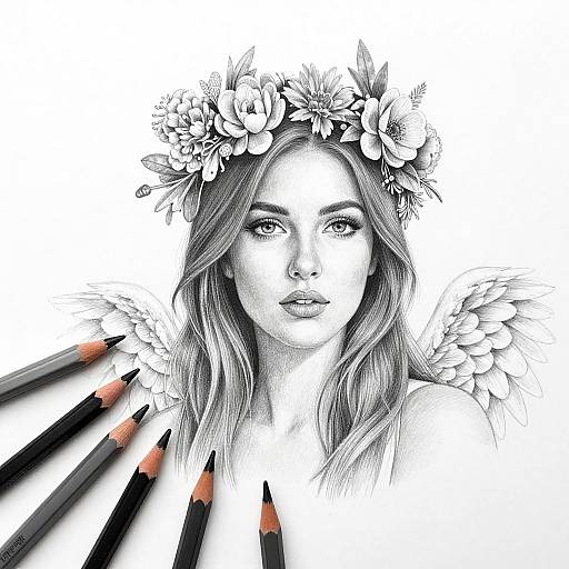 Monochrome pencil drawing of a woman with wavy hair, flower crown, and feathered shoulders, surrounded by black pencils with orange tips.