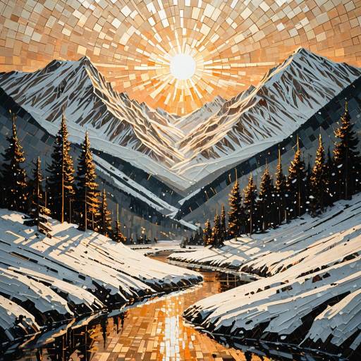 Abstract Oil Painting of Snowy Mountain Valley at Sunrise