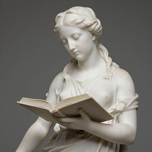 Photograph of a white marble statue of a serene young woman with braided hair, reading an open book against a gray background.