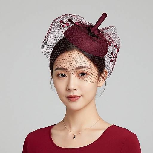 Photograph of an Asian woman with fair skin, wearing a maroon hat with netting, maroon dress, and gold necklace, against a light