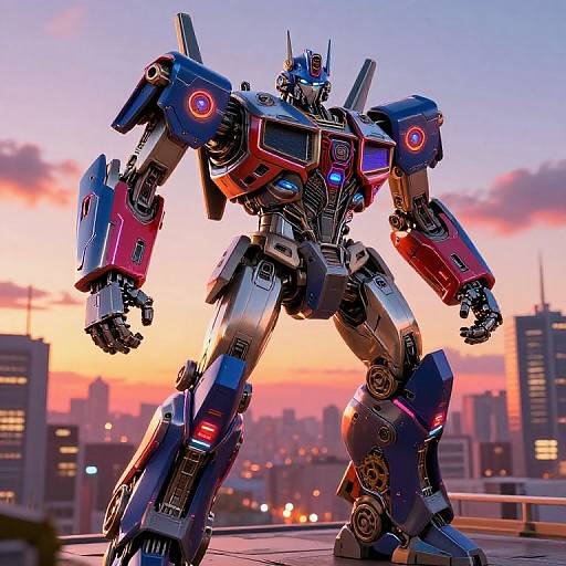 Photorealistic CGI of a towering, blue and red robotic warrior standing on a rooftop at sunset, with a cityscape and pink-orange sky in the