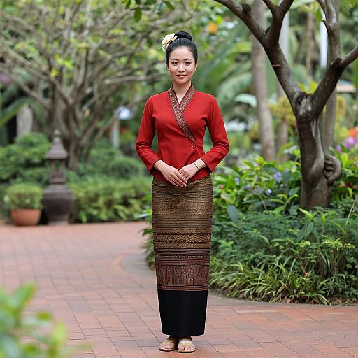 Photograph of an Asian woman with black hair in a bun, wearing a red long-sleeve top and brown patterned skirt, standing on a