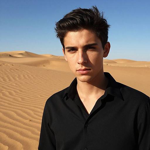 Photograph of a young man with dark hair and light skin, wearing a black shirt, standing in a sunlit desert with golden sand dunes and