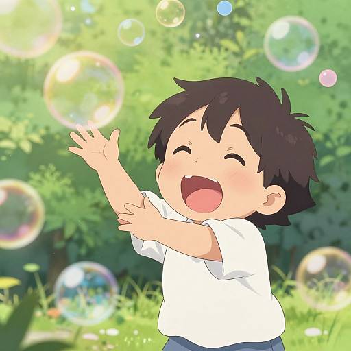 Anime-style drawing of a happy, dark-haired boy in a white shirt joyfully chasing colorful bubbles in a sunny, green garden.