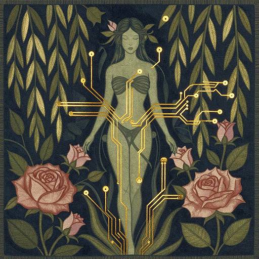 Art Nouveau Weaver Dryad with Circuitry and Roses