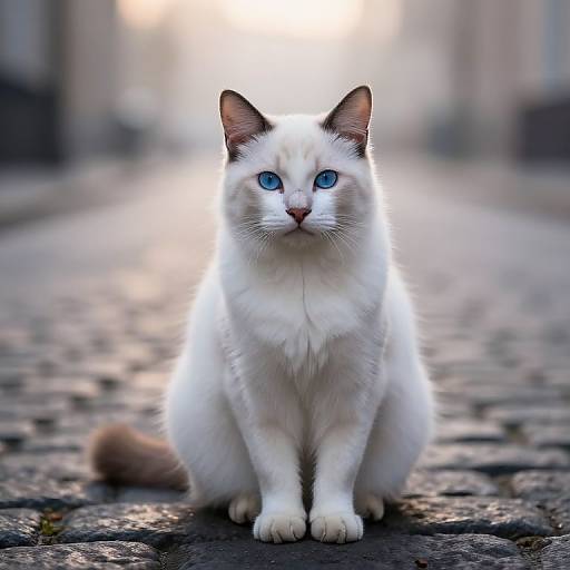 Photograph of a white, fluffy cat with vivid blue eyes, sitting on a cobblestone street, sunlight in the background.