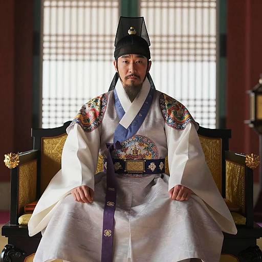 Photograph of an East Asian man in traditional Korean royal attire, sitting on a golden throne with ornate patterns, wearing a black hat, in a