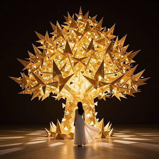 Photograph of a woman in a white dress standing before a glowing, golden star-shaped lantern tree in a dark room.