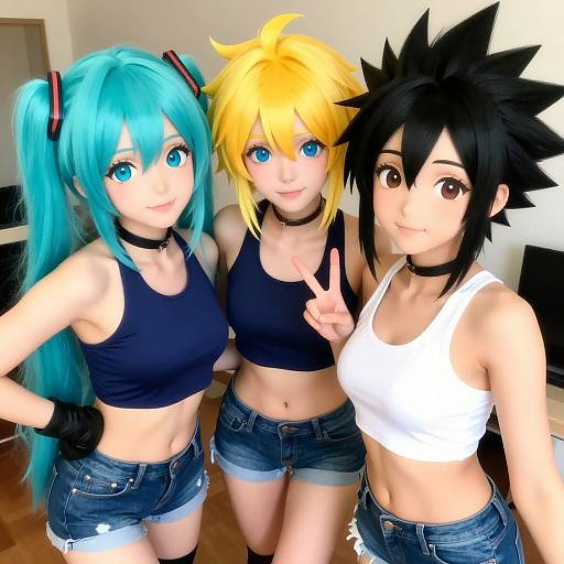 Photograph of three anime-style cosplayers with turquoise, yellow, and black hair, wearing black and white crop tops, denim shorts, and chokers