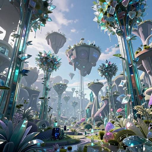 Futuristic, vibrant garden scene with floating plant-covered structures, glowing flora, and crystalline columns under a bright blue sky. Digital artwork.