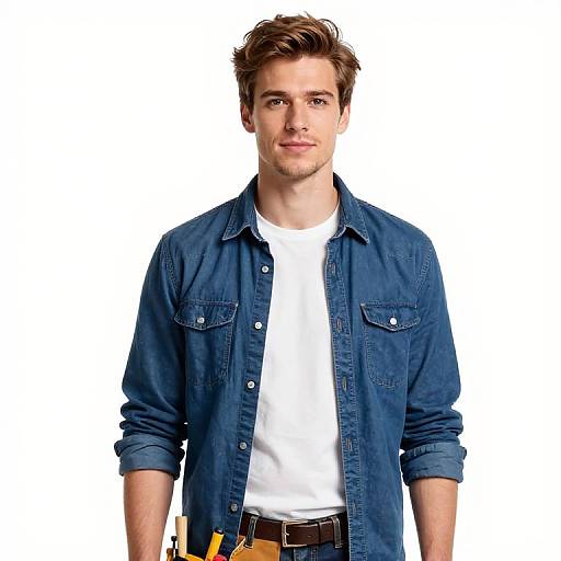Photograph of a young, handsome man with short, tousled brown hair, wearing a blue denim shirt over a white t-shirt, standing against a