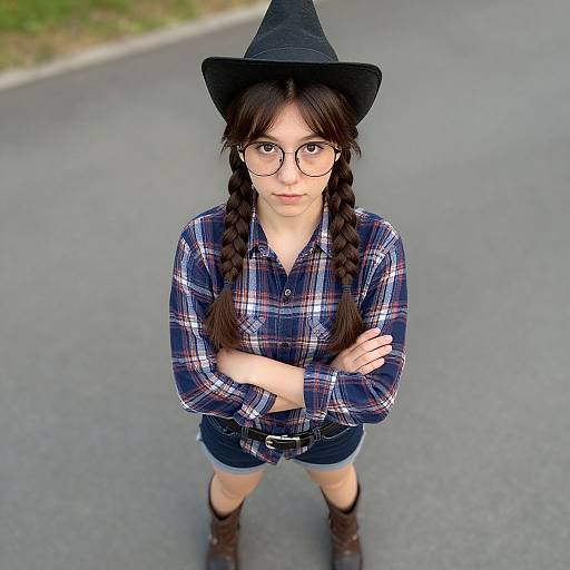 Photograph of an Asian woman with braided hair, glasses, black hat, plaid shirt, denim shorts, and boots, standing with arms crossed