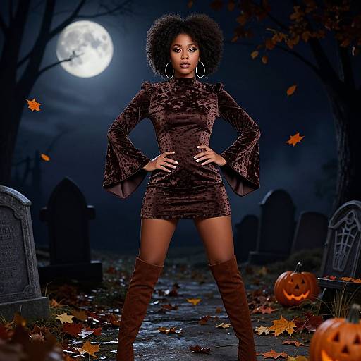 Photograph of a confident Black woman with afro, wearing a brown velvet mini dress and thigh-high boots, standing in a spooky graveyard at night with