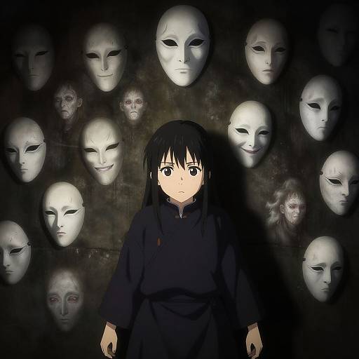 Anime-style digital art: A black-haired girl in a dark outfit stands center, surrounded by 12 eerie, white, expressionless masks against a dark