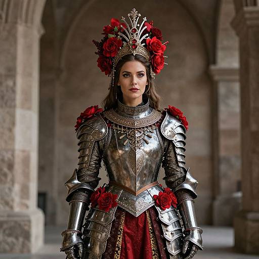 Photograph-style CGI of a woman in ornate, red-rose-adorned medieval armor with a crown, standing in a stone archway.