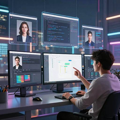 Cyberpunk AI Workspace with Floating Screens