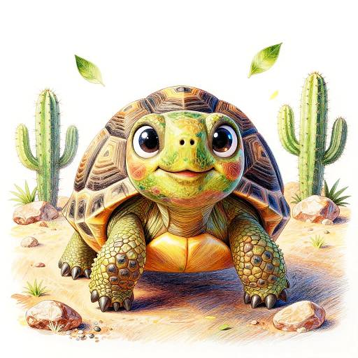 Colorful digital illustration of a cute, cartoon-style tortoise with large, expressive eyes, green and brown shell, and orange underbelly, standing