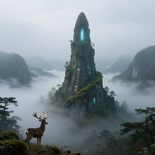 Misty Fantasy Spire with Glowing Glyphs