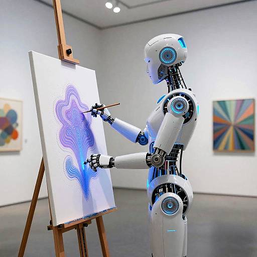 Futuristic AI Artist in Minimalist Gallery