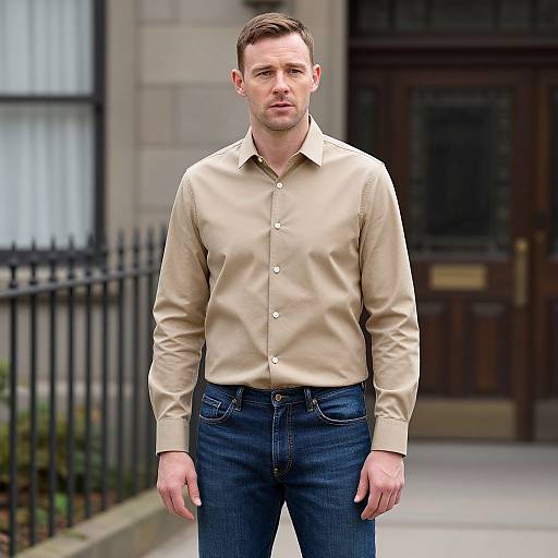 Photograph of a serious, handsome, Caucasian man with short brown hair, wearing a beige button-up shirt and blue jeans, standing on a city sidewalk