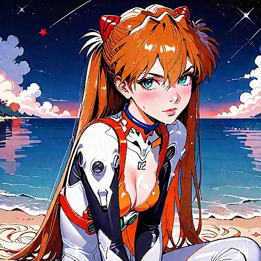 Anime Girl in Plugsuit on Beach at Night