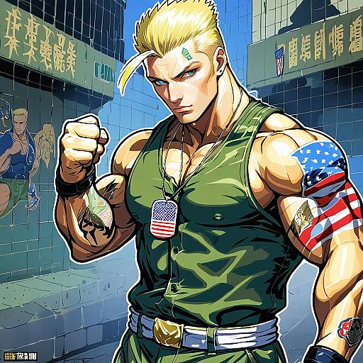 Illustration of Guile, street fighter in the style of Kanzaki muyu