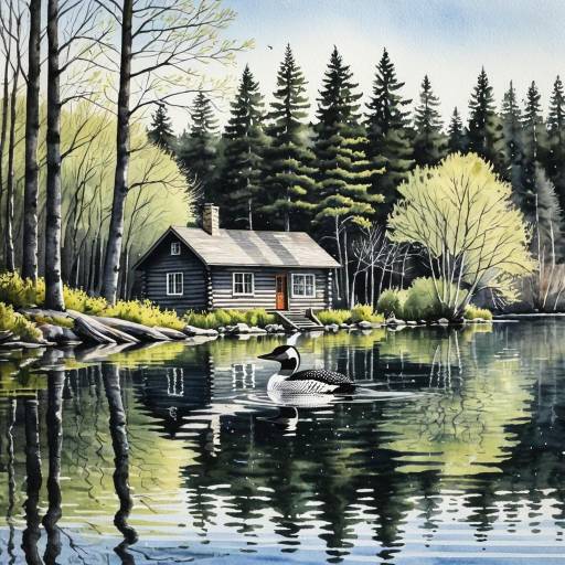 Lakeside Cabin with Loon in Watercolor