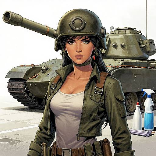 Digital illustration of a sexy, dark-haired woman in a military helmet and green jacket, standing in front of a tank, with a water bottle beside her
