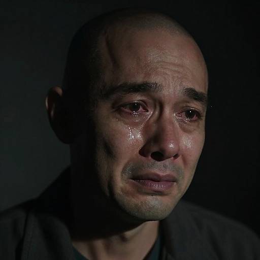 Close-up photograph of a bald, middle-aged man with a somber expression, glistening tears on his cheek, dimly lit against a dark background