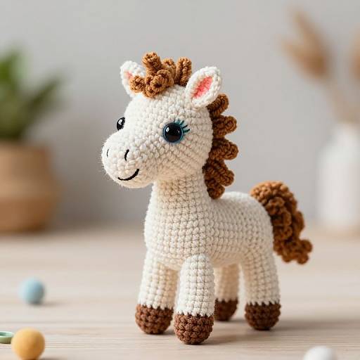 Photograph of a cute, handmade crochet pony with white body, brown mane and tail, black eyes, and brown hooves, on a light wooden