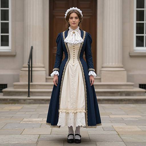 Photograph of a woman in a historical French maid outfit, navy blue with white lace, standing on a stone-paved street in front of a classical