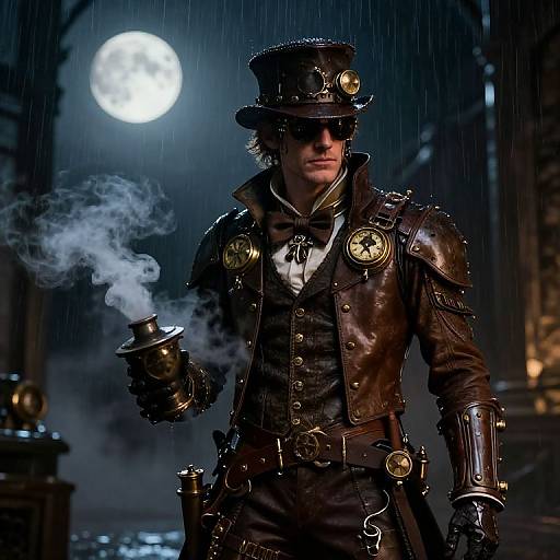 Steampunk soldier in dark leather armor with brass buttons, goggles, and top hat, holding smoking pipe under a full moon. Rainy night,