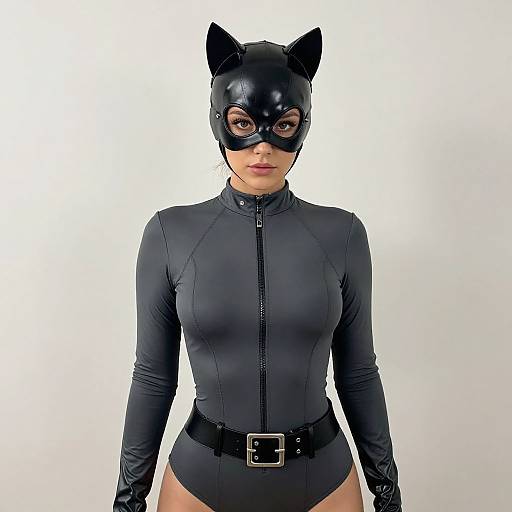 Photograph of a woman in a black leather catwoman outfit, including mask with ears, zip-up bodysuit, and belt, standing against a