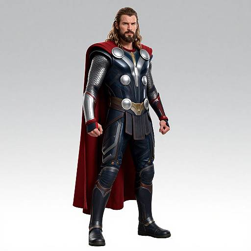Photograph of a bearded man in silver and black superhero armor with a red cape, standing confidently against a white gradient background.