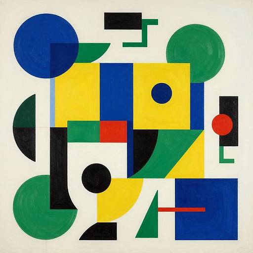 Abstract geometric painting with bold colors: yellow, blue, green, black, red, and white shapes overlapping in a complex, modernist design.