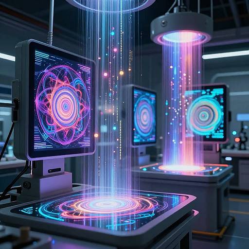 Photograph of a futuristic laboratory with three neon-lit computer monitors displaying intricate, colorful holographic patterns, surrounded by glowing, vertical light beams.