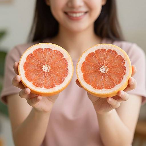 Smiling Asian woman in pink shirt holds two halved grapefruits, showcasing vibrant pink-orange flesh and white rind, against a blurred indoor background