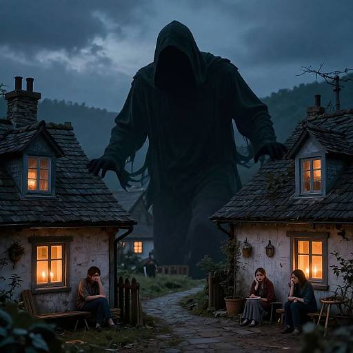 Photograph-style digital artwork: Three children sit in dimly lit, rustic cottages at dusk, with a looming, shadowy giant figure looming behind
