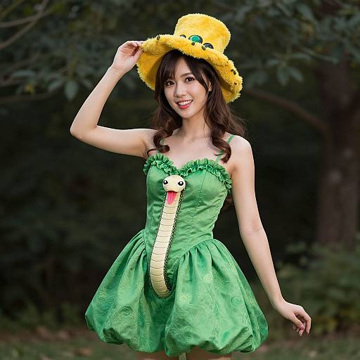 Asian woman in green snake costume with yellow hat, forest background, smiling, posing with hand on hat, vibrant colors, playful. Photograph.