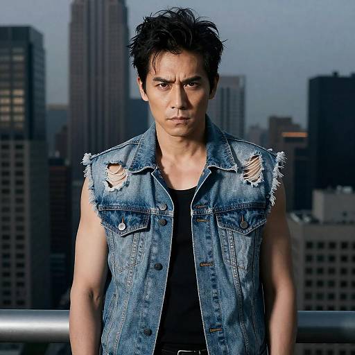 Intense man in torn denim jacket in urban setting