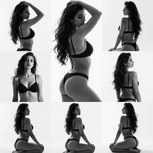 Silhouetted photograph of a woman with long, wavy hair in black lingerie, showing various poses: side profiles, seated, kneeling, and