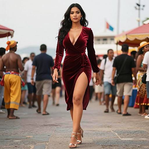 Photograph of a confident, dark-haired woman with olive skin in a deep red velvet dress and white heels, striding down a bustling, colorful street