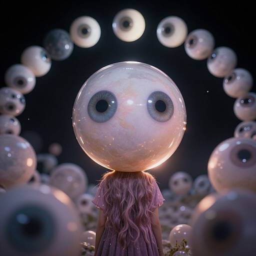 Photorealistic CGI: Person with pink hair and large, transparent, eye-faced headpiece surrounded by floating, glowing eyes in a dark, surreal landscape