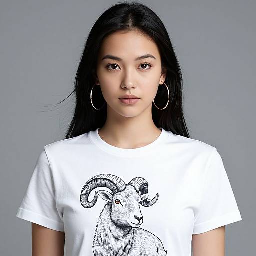 Photograph of an Asian woman with long black hair, wearing a white t-shirt with a black ram graphic, large hoop earrings, and a neutral gray
